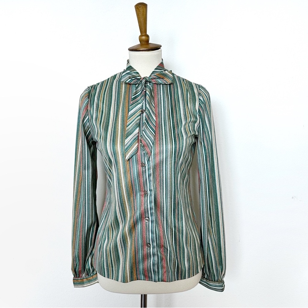 Vintage Bow Striped Button Up Blouse